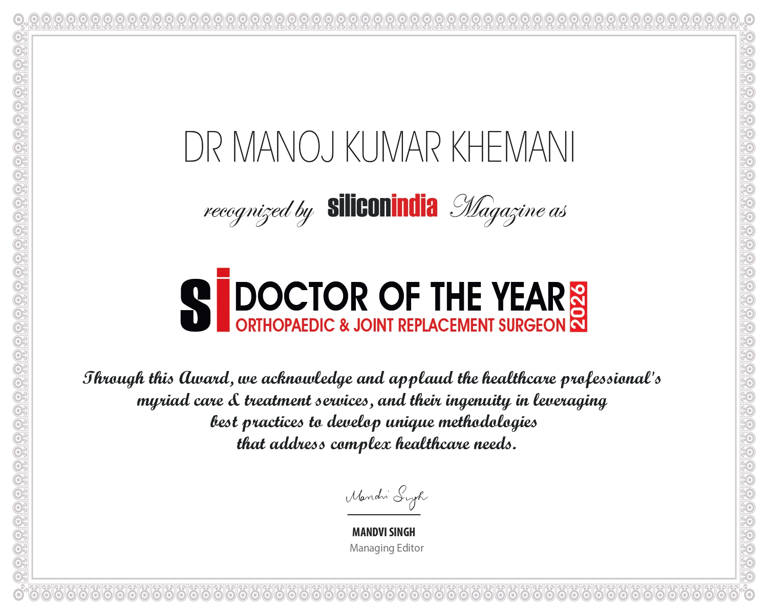 SiliconIndia Doctor of the Year 2026 Certificate - Dr. Manoj Kumar Khemani